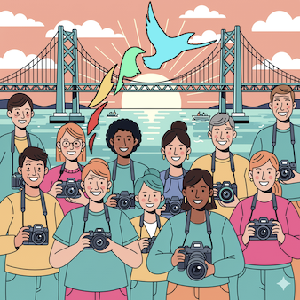 cartoon of people with cameras in front of Golder Gate Bridge and AASCEND logo birds.